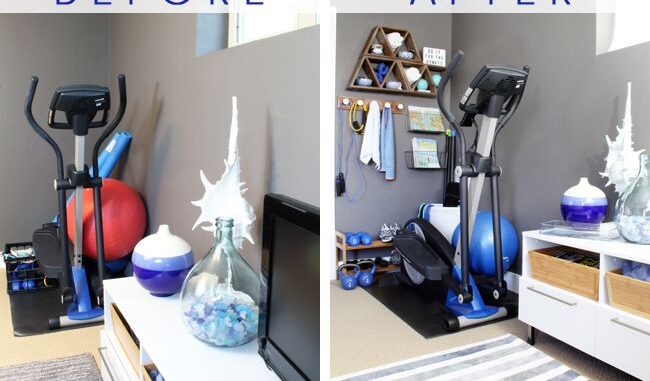 Före- och efterbilder på ett kompakt hemmagym med en crosstrainer.