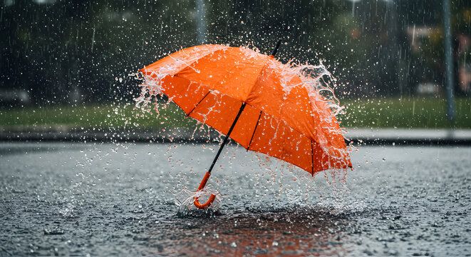 Ett orange paraply på marken i ösregn.