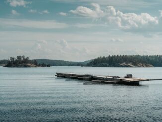 Träbrygga i en lugn skärgårdsvik med skogklädda öar