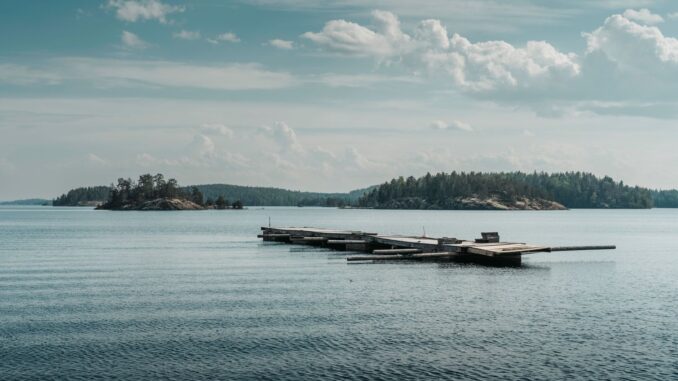 Träbrygga i en lugn skärgårdsvik med skogklädda öar